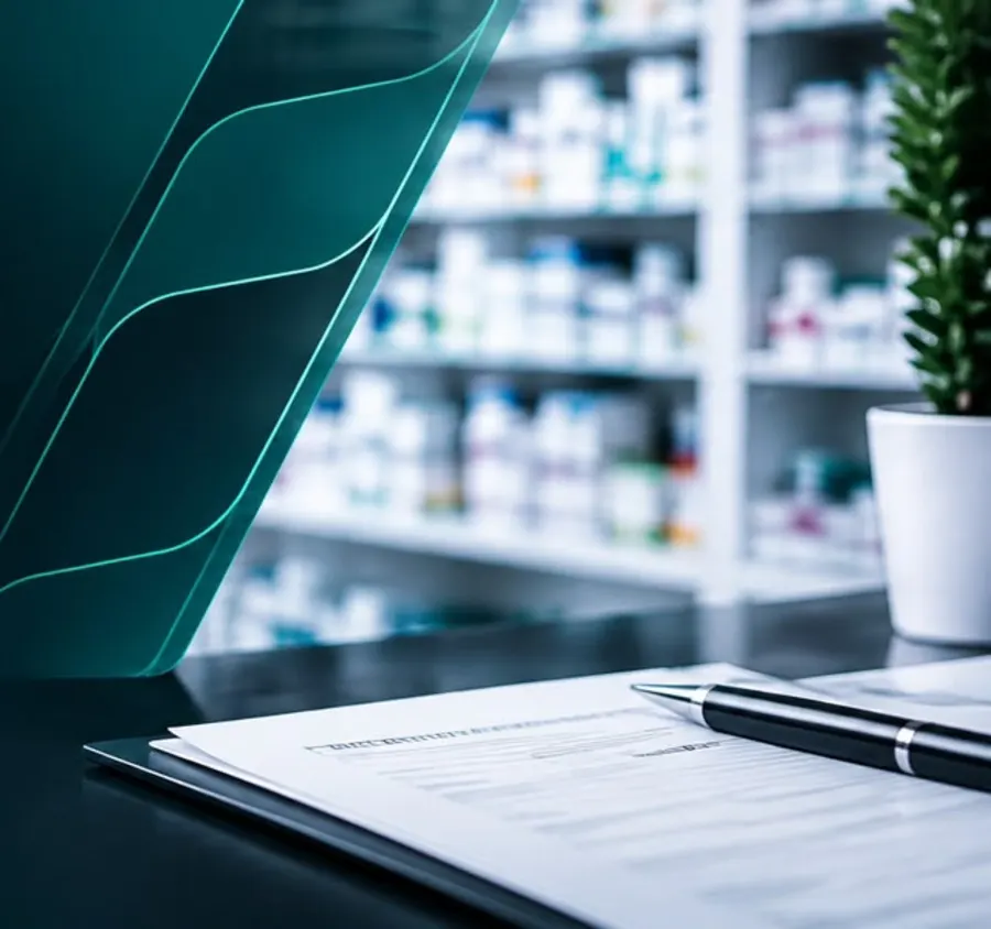 Balcão de farmácia com documentos regulatórios e caneta em primeiro plano, prateleiras de medicamentos ao fundo